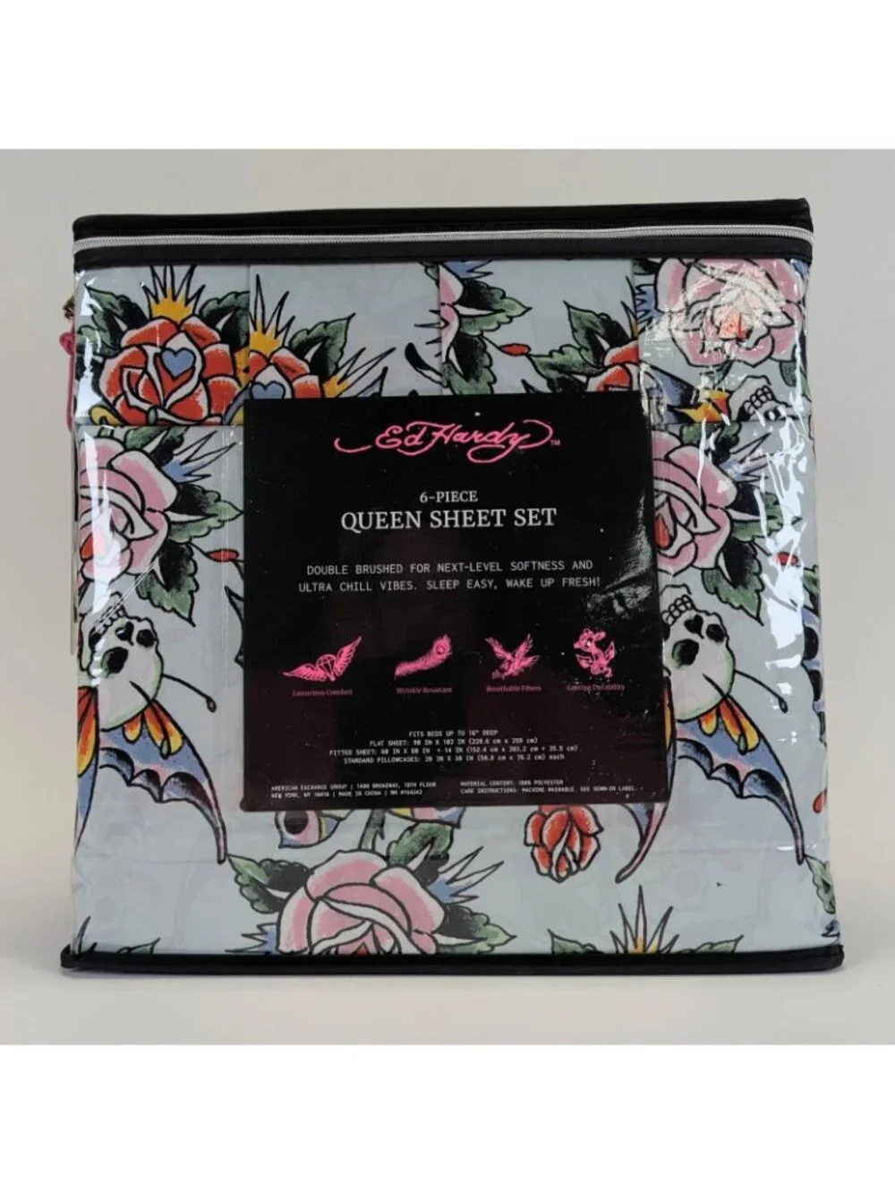 Ed Hardy Queen Sheet Set 6-Piece w 4 Pillowcases Green Skull Rose Butterfly